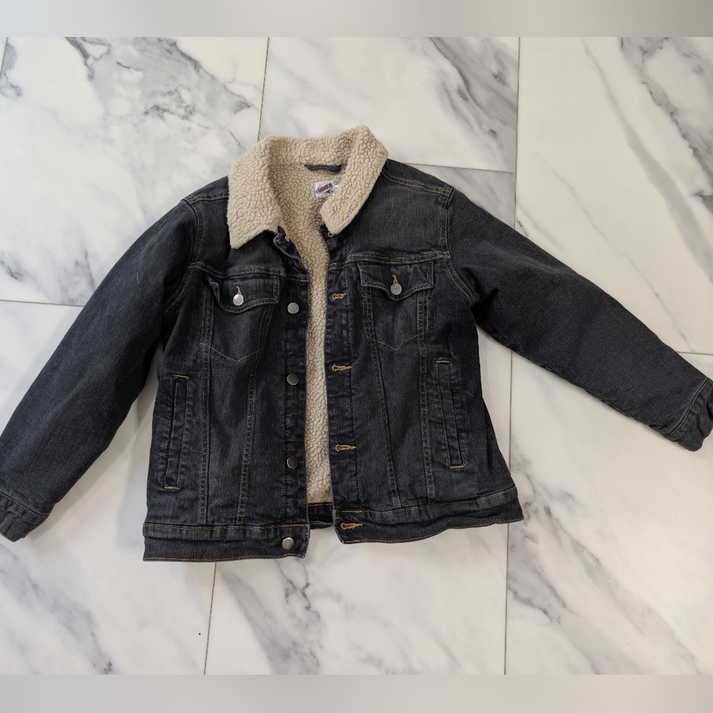 Kids,Boys Black Denim Jacket with Sherpa Lining Size Large 10-12 Husky.